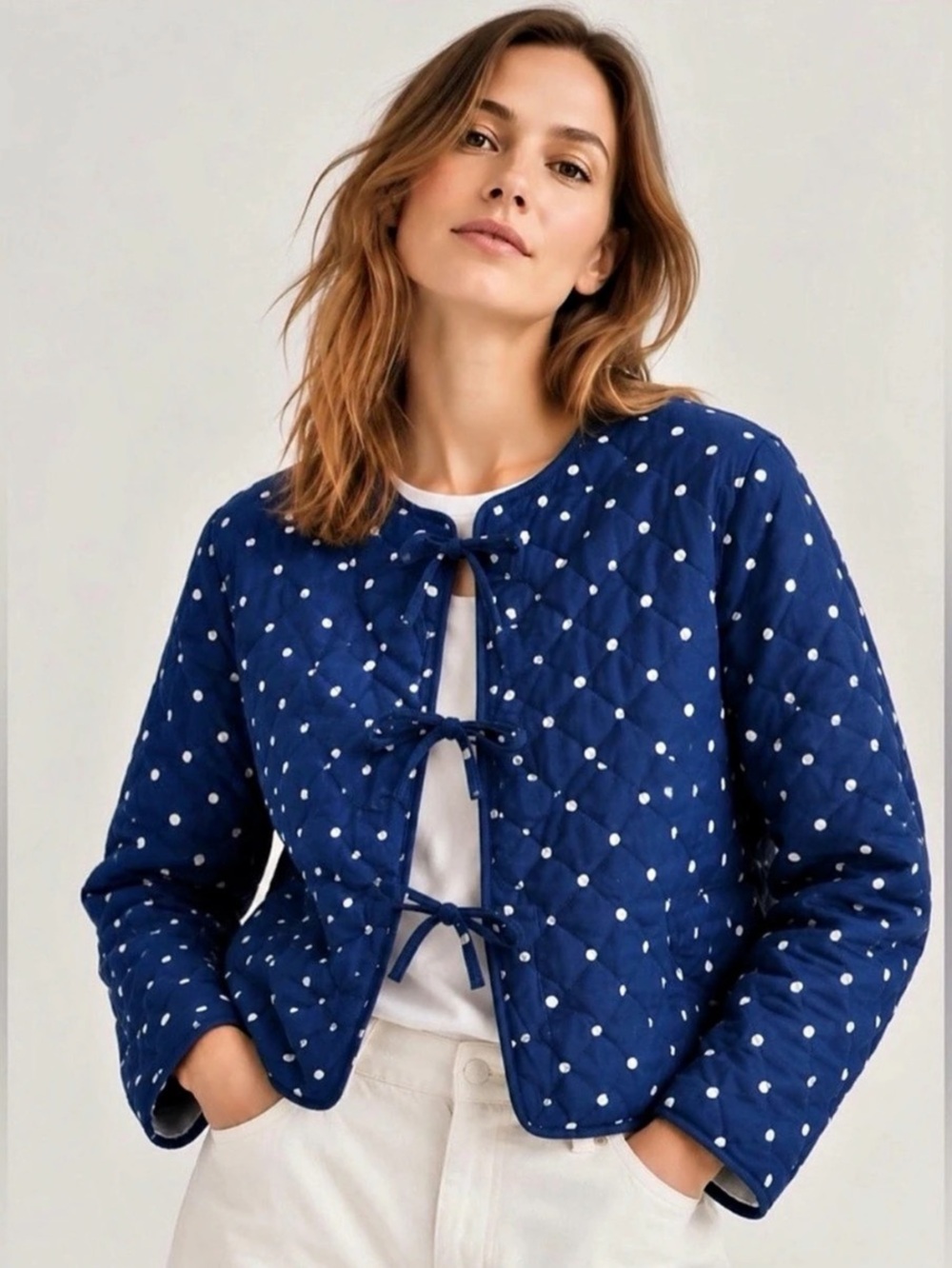 Avec Les Filles Blue Polka Dot Quilted Tie-Front Jacket Blue & White Medium